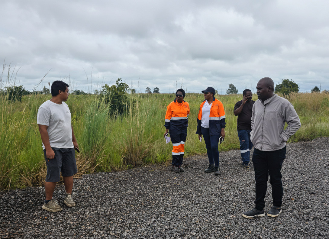 Consultants and stakeholders discussing project progress in a wetland area