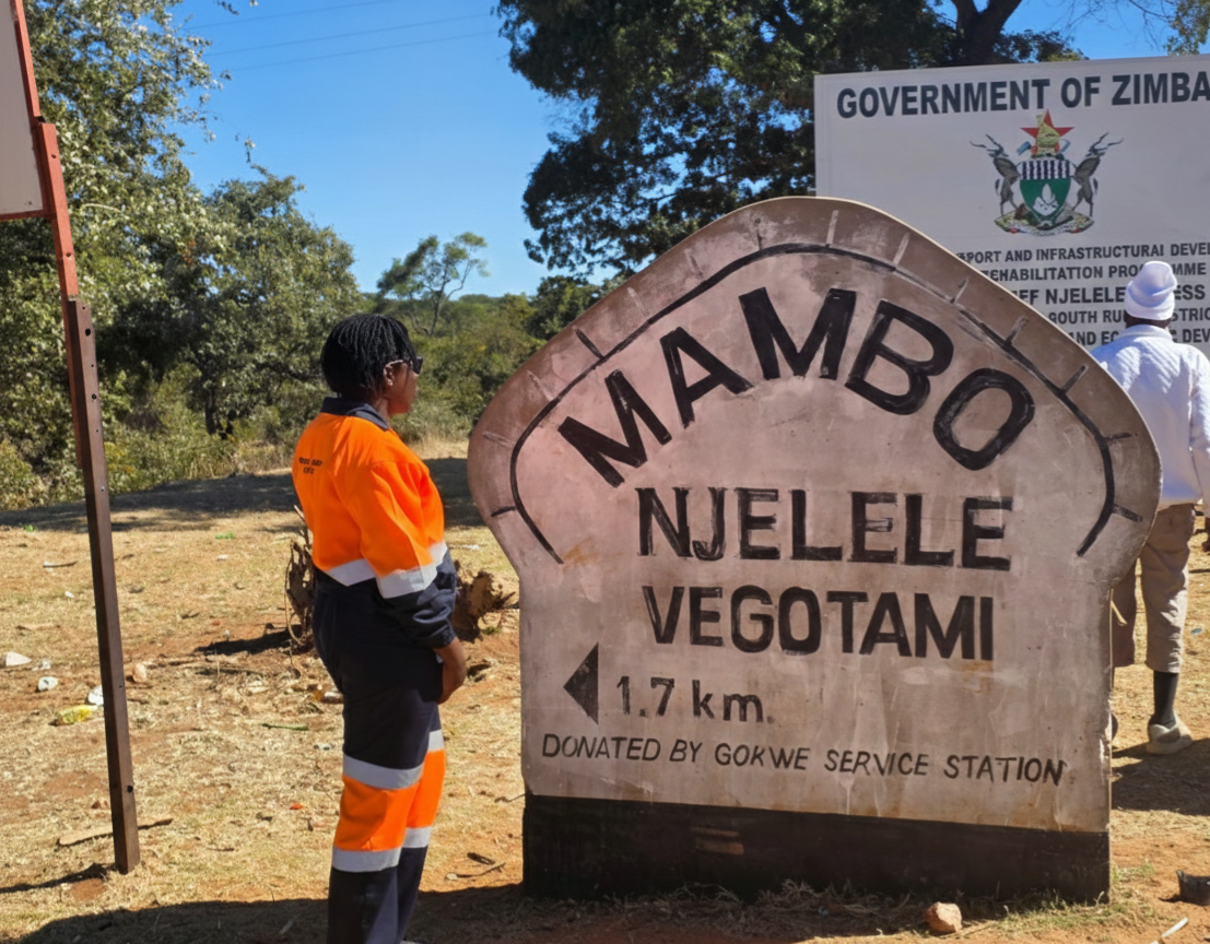 Consultant at the Mambo Njelele Vegotami signpost during a government infrastructure project